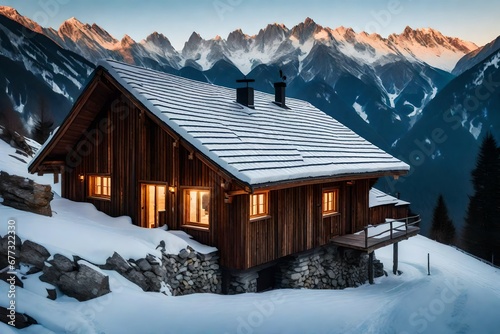 Mountain cabin, hut in European Alps, located in Robanov kot, Slovenia, popular hiking and climbing place with picturescue view photo