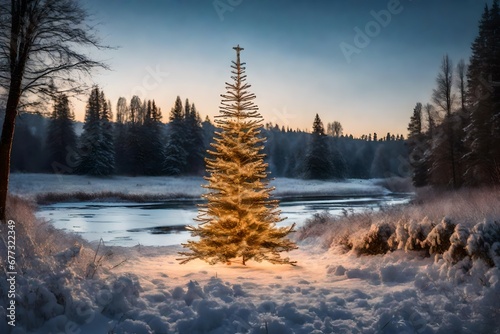 A lite Christmas Tree in a field with a river and forest in the background