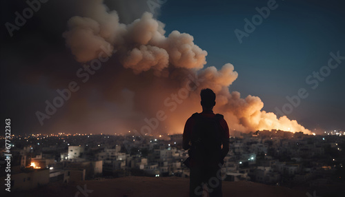 Man standing on top of the hill and looking at the burning city