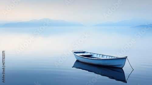  a small boat floating on top of a body of water next to a shore with mountains in the back ground.
