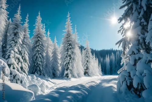 Winter landscape with fir trees under the snow