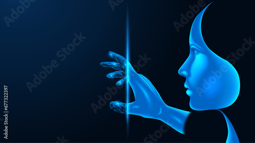 Transition to a virtual space. The human hand is transformed into a digital form.