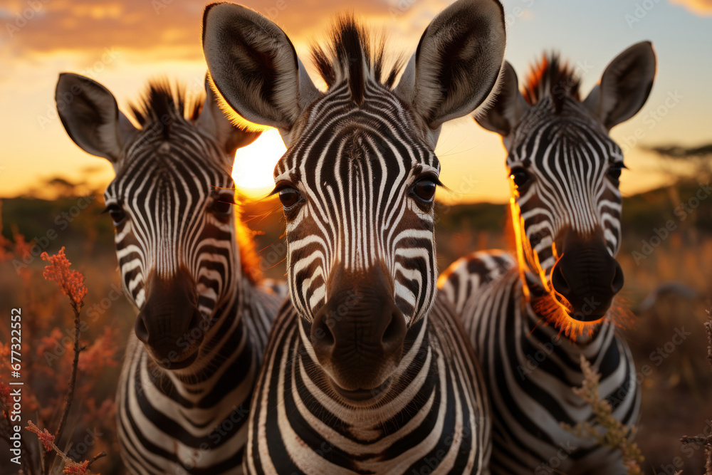 Zebras in african savannah. Created with Generative AI - obrazy, fototapety, plakaty 