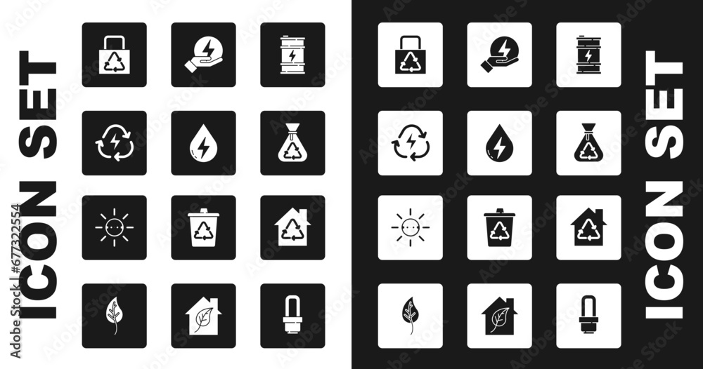 Set Bio fuel barrel, Water energy, Battery with recycle, Paper bag, Garbage, Lightning bolt, Eco House recycling and Solar panel icon. Vector