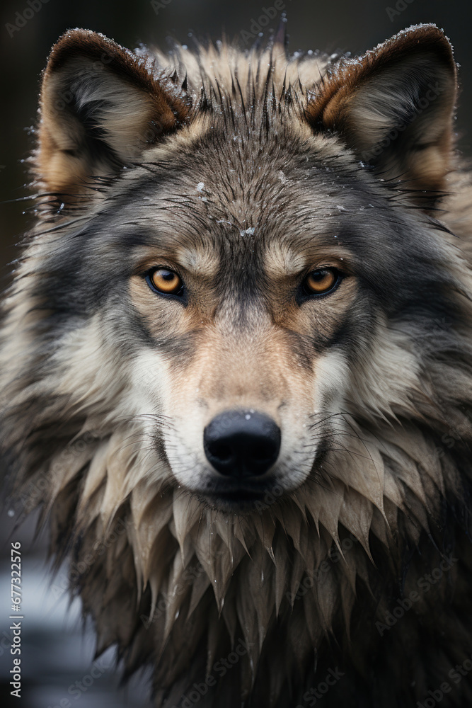 Obraz premium Wolf portrait on dark background, AI Generative
