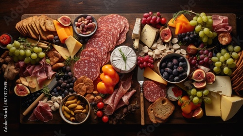  a platter of meats, cheeses, fruit, and crackers on a cutting board with a clock.