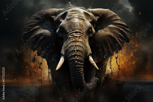 Close big adult Elephant on dark background. Created with Generative AI