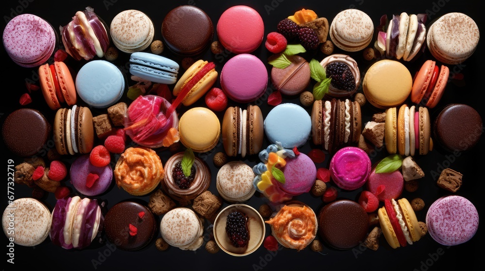  a variety of macaroons and pastries are arranged in a pattern on a black background, including one of the macaroons,  the other macaroons macaroni and cheese.