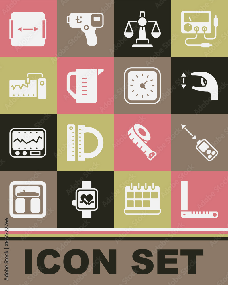 Set Corner ruler, Laser distance measurer, Approximate measurements, Scales of justice, Measuring cup, instrument, Area and Clock icon. Vector Set Corner ruler, Laser distance measurer, Approximate measurements, Scales of justice, Measuring cup, instrument, Area and Clock icon. Vector