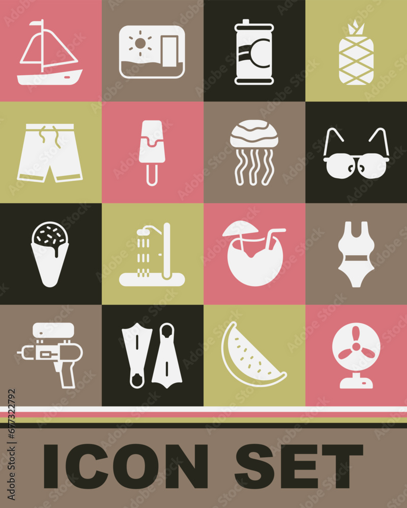 Set Electric fan, Swimsuit, Glasses, Soda can, Ice cream, Swimming trunks, Yacht sailboat and Jellyfish icon. Vector Set Electric fan, Swimsuit, Glasses, Soda can, Ice cream, Swimming trunks, Yacht sailboat and Jellyfish icon. Vector