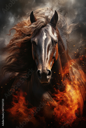 Horse portrait with smoke. Created with Generative AI