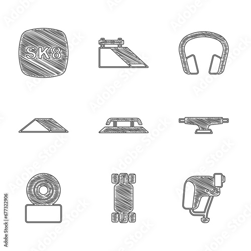 Set Skateboard stairs with rail, Longboard or skateboard, helmet, wheel, park, Headphones and icon. Vector