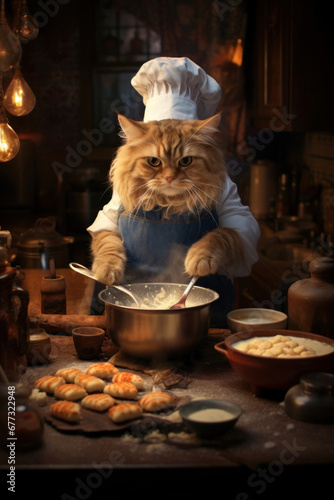 Head chef cat cooking a meal in the kitchen. AI Generative © Uliana