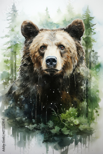 Illustration bear in watercolor on a white background. Generative AI