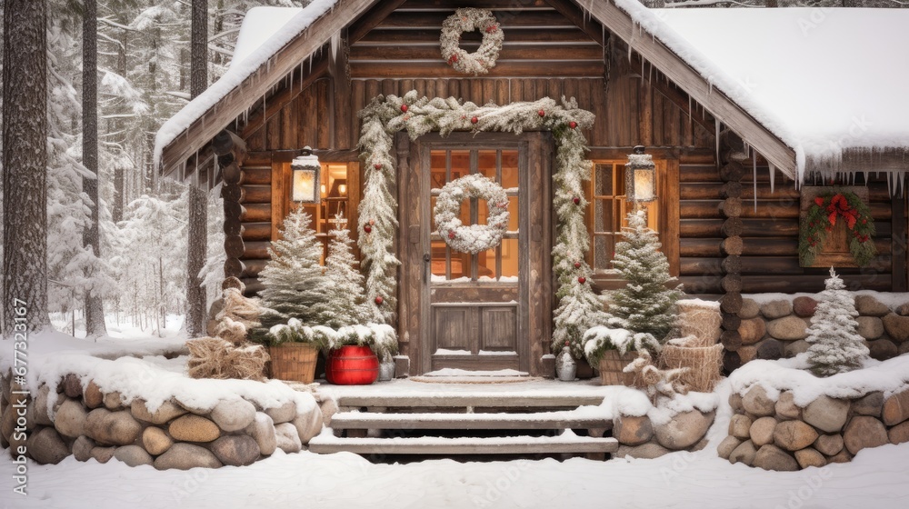  a log cabin decorated for christmas with wreaths and wreaths on the front door and steps leading up to the front door.