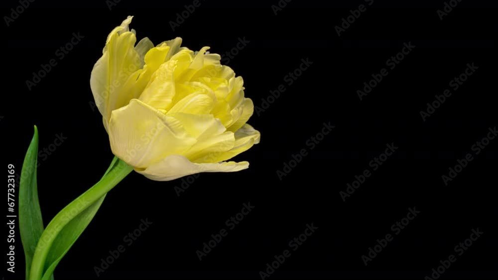 Timelapse of yellow tulip flower blooming on black background with place for text or image. Timelapse of yellow tulip flower blooming on black background with place for text or image.