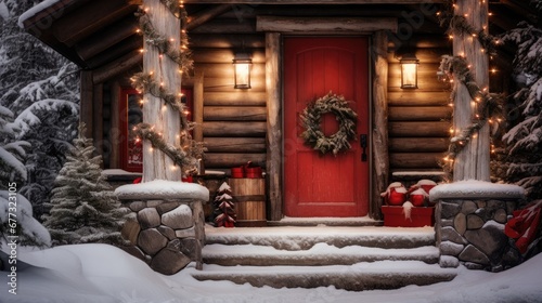  a christmas scene with a red door and a wreath on the front of a log cabin with snow on the ground.