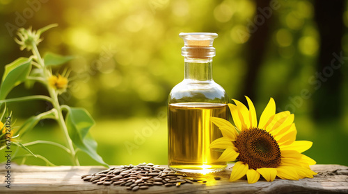 Still life with sunflower oil in bottles, sunflower seeds and sunflowers as decortation on a wooden table against a green background
 photo