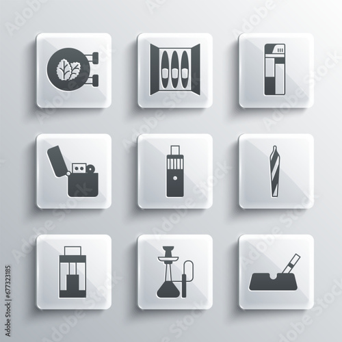 Set Hookah, Ashtray with cigarette, Marijuana joint, spliff, Vape mod device, Lighter, Tobacco leaf shop and icon. Vector