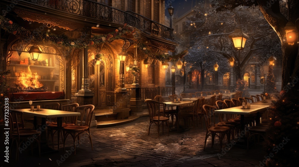  a painting of a city street at night with tables and chairs and a fire place in the middle of the street.
