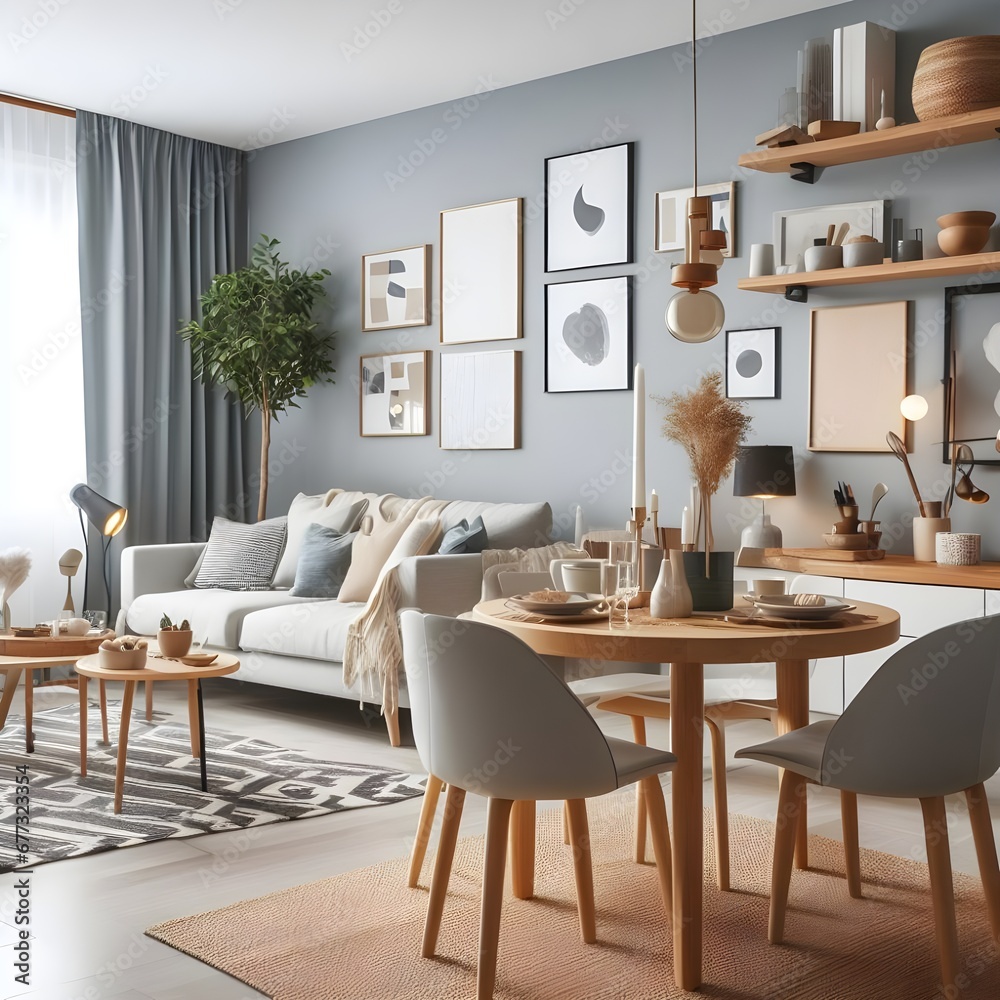 Fototapeta premium Contemporary living room with dining table and chairs