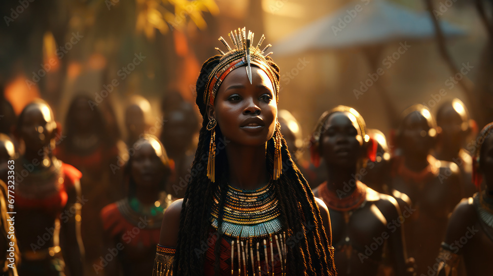 Portrait of a beautiful woman from a tribe surrounded by women of the same ethnicity at sunset. Portrait of a beautiful woman from a tribe surrounded by women of the same ethnicity at sunset.