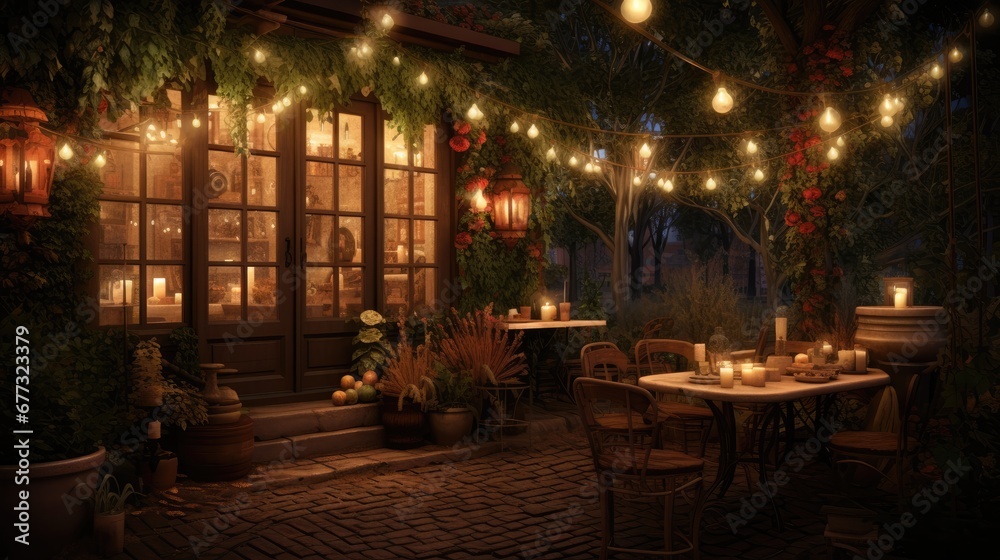  a patio with a table and chairs covered in lights and potted plants and potted plants on either side of the patio.