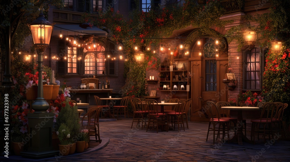 a night scene of a patio with tables and chairs and lights hanging from the ceiling and potted plants on either side of the patio. a night scene of a patio with tables and chairs and lights hanging from the ceiling and potted plants on either side of the patio.