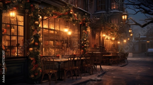  a night time scene of a restaurant with christmas decorations on the windows and tables and chairs in front of the windows.