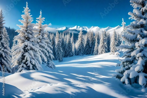 winter wonderland -Christmas background with snowy fir trees in the mountains