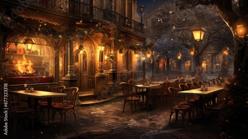  a painting of a city street at night with tables and chairs and a fire place in the middle of the street.