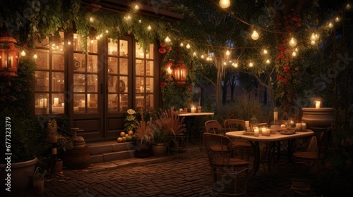  a patio with a table and chairs covered in lights and potted plants and potted plants on either side of the patio. © Anna