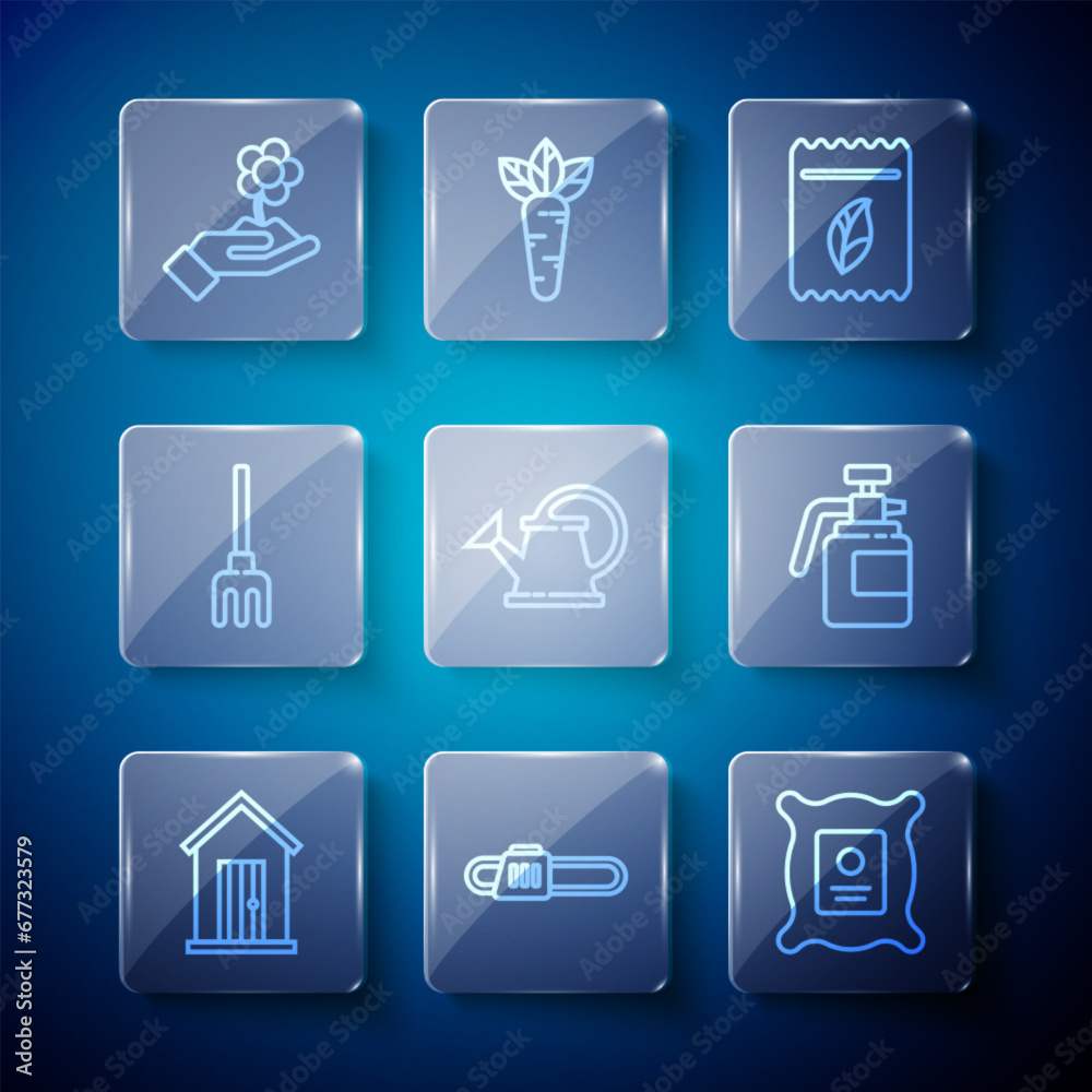 Set line Farm house, Chainsaw, Pack full of seeds of plant, Watering can, Garden rake, Hand holding flower and sprayer for fertilizer icon. Vector Set line Farm house, Chainsaw, Pack full of seeds of plant, Watering can, Garden rake, Hand holding flower and sprayer for fertilizer icon. Vector