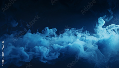 Black scene with blue smoke in the background. Blue mist on the ground. Fog backdrop.
