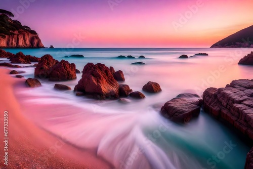 Beach  pink light sunset  beautiful calm landscape of waterscape  peaceful Mediterranean sea panoramic view  zen blur motion on tide waves  deep ocean bay  summer scenic nature  vacation and travel