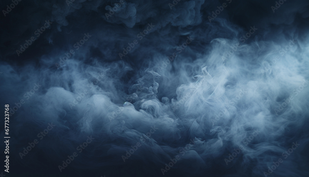 Black scene with grey smoke in the background. Blue mist on the ground. Fog backdrop.