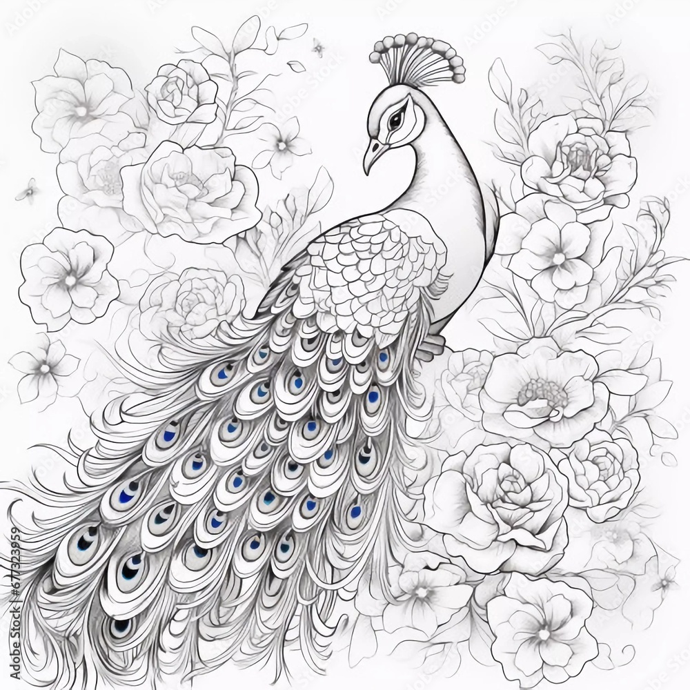 Fototapeta premium Elegant peacock coloring page in an exquisite style, AI generator