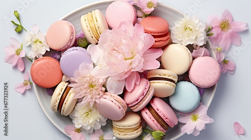  a plate filled with macaroons and flowers on top of a blue tablecloth covered in pink and white flowers.