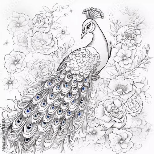Elegant peacock coloring page in an exquisite style, AI generator photo