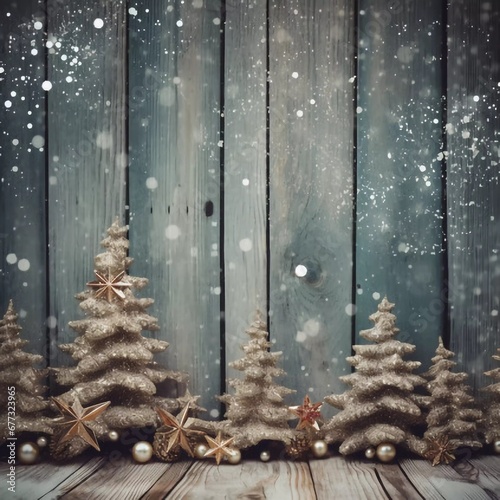 Vintage wood texture with snow and Christmas tree Christmas background, AI generator