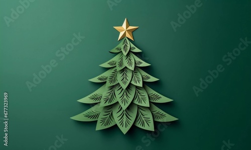 Top view of green decorative paper Christmas tree on green background, AI generator
