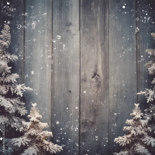Vintage wood texture with snow and Christmas tree Christmas background, AI generator