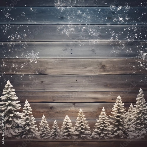Vintage wood texture with snow and Christmas tree Christmas background, AI generator
