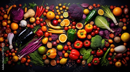  a variety of fruits and vegetables are arranged in the shape of a number of different fruits and vegetables on a black background. © Anna