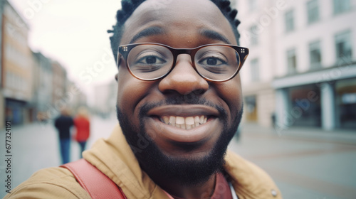 Happy, smiling middle-aged African American man with glasses taking selfie outdoor © zayatssv