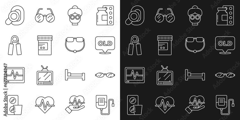 Set line IV bag, Eyeglasses, Nursing home, Grandmother, Medicine bottle pills, Sport expander, Hearing aid and icon. Vector
