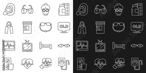 Set line IV bag  Eyeglasses  Nursing home  Grandmother  Medicine bottle pills  Sport expander  Hearing aid and icon. Vector