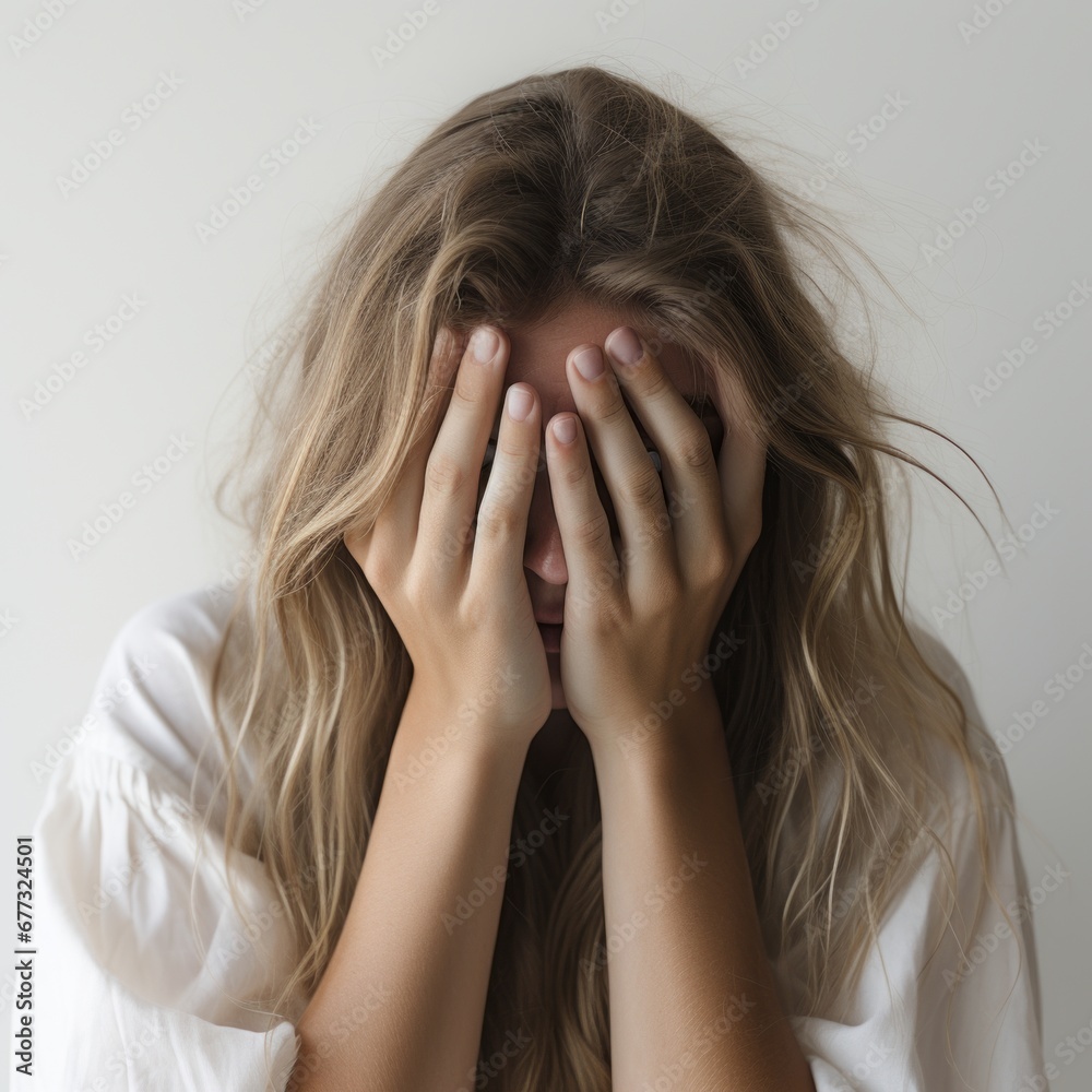 A woman, stressed and anxious, gazes downward while covering her face. A woman, stressed and anxious, gazes downward while covering her face.