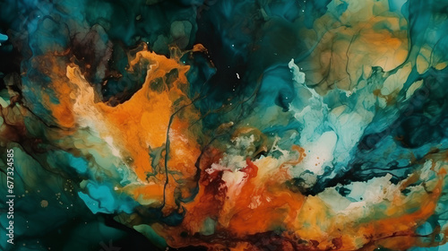 Abstract teal and orange paint background. Acrylic texture