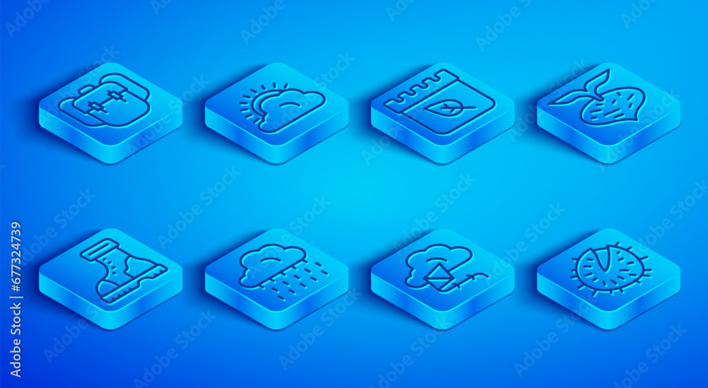 Set line School backpack, Sun and cloud weather, Calendar with autumn leaves, Cloud rain, Kite, Beet, Waterproof rubber boot and Chestnut icon. Vector Set line School backpack, Sun and cloud weather, Calendar with autumn leaves, Cloud rain, Kite, Beet, Waterproof rubber boot and Chestnut icon. Vector